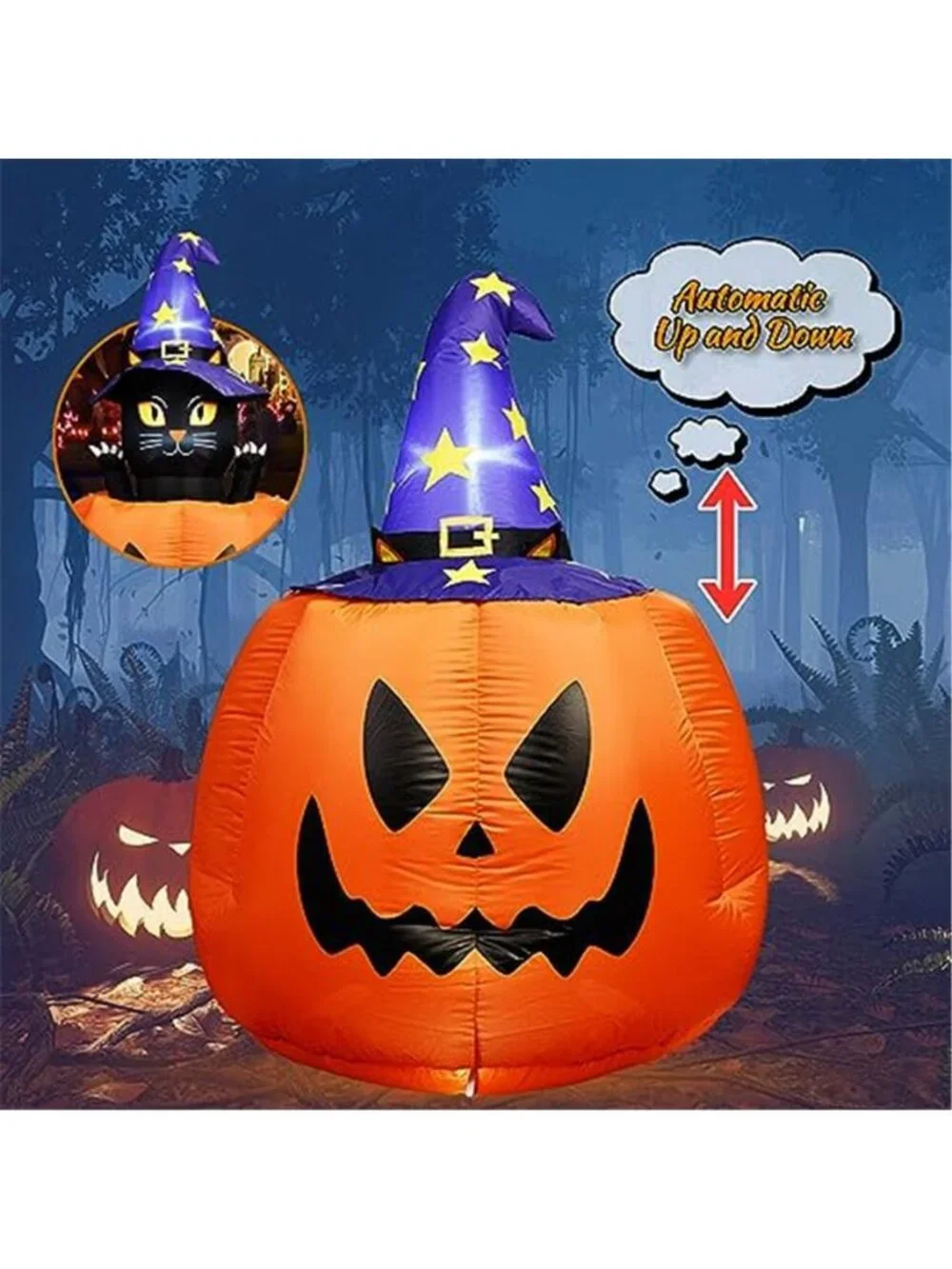 5.3 FT Halloween Inflatable Animated Witch Cat in Pumpkin, Blow Up Yard